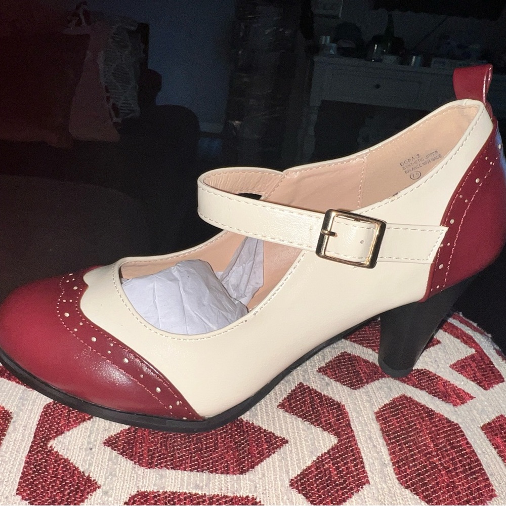 Chase + Chloe Red and Cream Vintage Heels